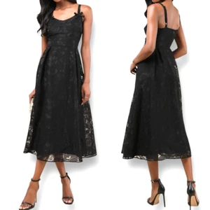 Lulus Flirtatious Crush Black Burnout Floral Pleated Bow Midi Dress Whimsygoth S - Bild 1 von 11