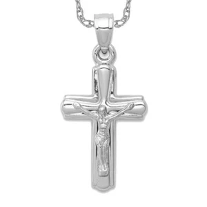 14K Solid White Gold Reversible Jesus Crucifix Cross Necklace - Picture 1 of 12