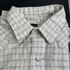 Vintage Mens Karman Plaid Pearl Snap Beige Yellow Blue Western Shirt USA Large L - Picture 1 of 10