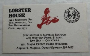 The Lobster House Restaurant Williamsburg, Virginia. Business Card - Picture 1 of 1