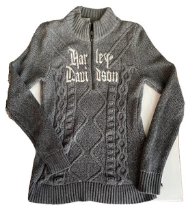 Harley Davidson Damenpullover Spell Out grau Zopfmuster Viertelreißverschluss Größe M - Bild 1 von 7