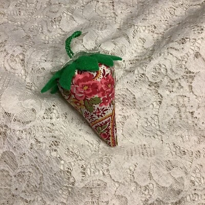 Strawberry Emery ~ Pincushion Paisley Floral Felt “Cap” Topped W/Lace Bloom 3” - Image 1 of 4