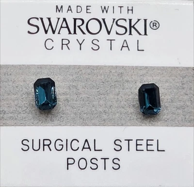 Navy Blue Emerald Earrings 5mm Small Crystal Made With Swarovski Elements - Image 1 of 3
