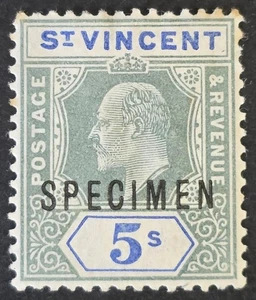 ST VINCENT 1902 Mint Hinged 5/- WMK Crown CA SG #84 S SPECIMEN - Picture 1 of 2
