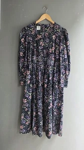 Laura Ashley Vintage Navy Purple Floral Corduroy Midi Dress UK 14 L Cottagecore - Picture 1 of 17