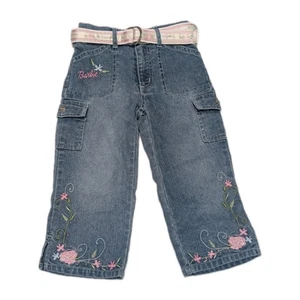 Vintage Y2K Barbie Girls 6 Embroidered Blue Jeans Denim Flowers Belt Logo Cargo  - Picture 1 of 8