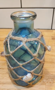 Blue Seamless Glass Carboy Bottle, Jute Netting And Shells 7” Tall-Cute - Picture 1 of 8