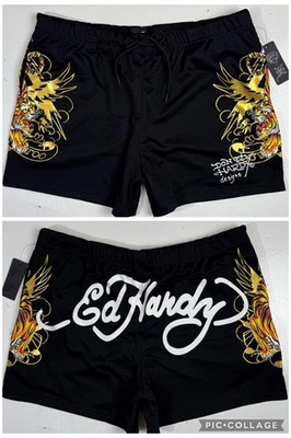 Pantalones Cortos Ed Hardy Hombres XL Negros Screaming Tiger Malla Forrada Cordón Tatuaje Nuevos Foto 1 de 4