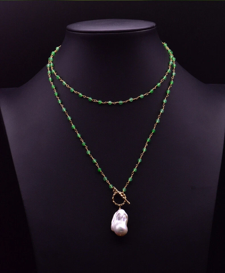 D17 vergoldete Halskette mit Perlen aus grünem Achat und Barockperle 94 cm lang - Bild 1 von 4