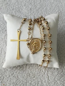 Stainless Steel 18" Beaded Rosary VIRGIN MARY JESUS CROSS Golden New - Picture 1 of 7