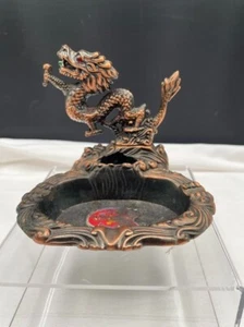 Warrior Unmatched Chinese Dragon Copper Tone Metal Ashtray READ - Picture 1 of 9