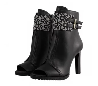 DKNY Strappy Leather Peep Toe Stiletto Booties Black 6M - Image 1 of 2
