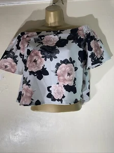 Womens New Look Uk 14 Grey Mix Floral Crop Off The Shoulder Casual Blouse Top - Picture 1 of 6