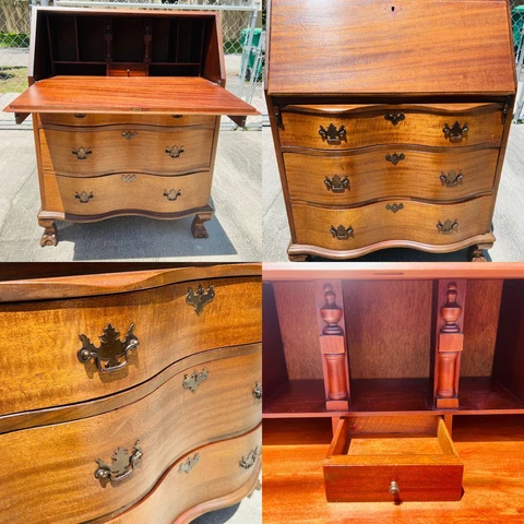 Mid Century Vintage Mahogany Drop Front Secretary Desk Serpentine Front Cover
