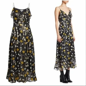 $448 Joie Kenny Black Floral Metallic Stripe Ruffle Wrap Dress XS 0 2 NWT J498 - Picture 1 of 9