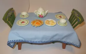 Angelina Ballerina American Girl 2000 Wood Table Green Chairs Tea Set Tablecloth - Picture 1 of 12