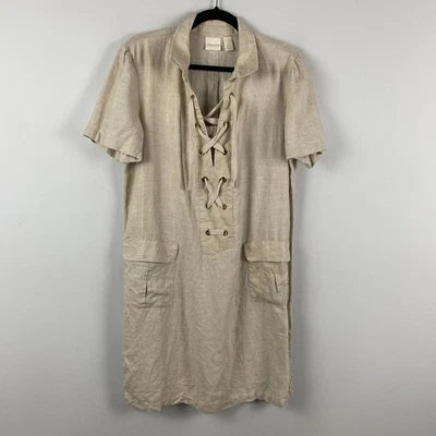 Camisa de vestir Chicos de lino con cordones talla 2 EE. UU. grande beige bolsillos corta Slv Foto 1 de 4