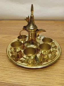 Brass Mini Tea Set 8 Pieces 5" Pitcher Tray 6 Cups India Brass Polished - Picture 1 of 13