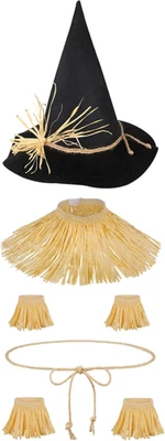 Juego de 7 piezas de disfraz de espantapájaros para adultos, besos, sombrero de espantapájaros y kit de paja para Halloween Foto 1 de 4