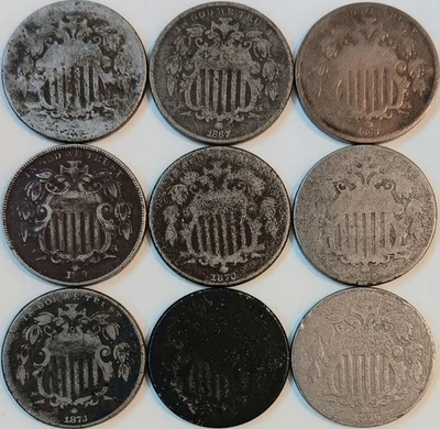 Lote 9 Monedas Cull Shield Níquel 5c 1866 1867 1868 1869 1870 1872 1873 1875? 1876 Foto 1 de 4