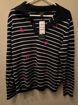 Charter Club Cachemira Azul Marino y Blanco Rayas Jersey Cuello Cuello Foto 1 de 3