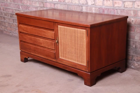 Baker Furniture Milling Road Mid-Century Cherry Wood and Woven Rattan Chest Cover