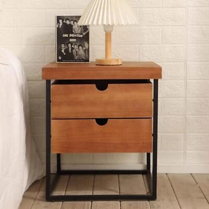 Lamp Side Table 2 Storage Drawers Metal Frame Solid Wood Living Home Furniture - Picture 1 of 6