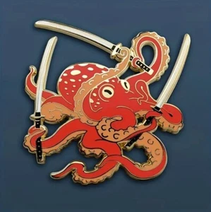 Lapel Pin Metal Enamel Red & Gold Ninja Octopus Brooch - Picture 1 of 2
