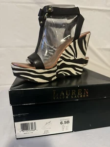 Ralph Lauren Disha Platform Wedge Sandals Leather Zebra Black/White Size 6.5 - Picture 1 of 14