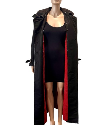 Fendi Cappotto Vintage Nero Rosso Foderato Pelliccia Giacca Pelle Verniciata Cintura 40 6