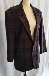 ☆Vintage 90s☆ Sz S Women's Oversized Plaid Blazer Wool Blend Brown Blue - Picture 1 of 10