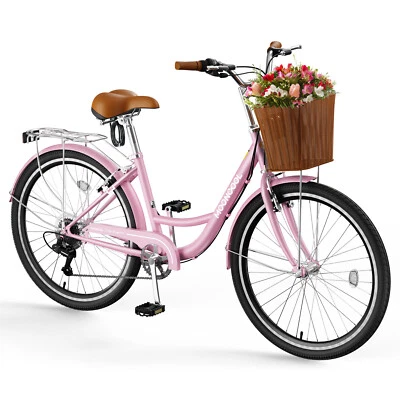 MOONCOOL Beach Cruiser Bike for Adult 24 inch 7 Speed Commute Bike With Basket - Image 1 of 4