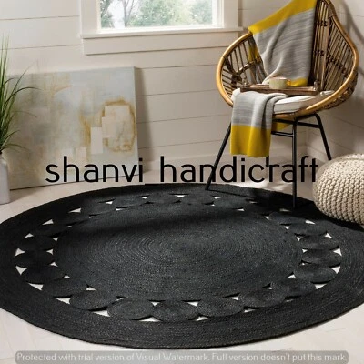 Rug Black Round Jute 100% Farmhouse Natural Jute Braided Reversible Rustic Mat - Image 1 of 4