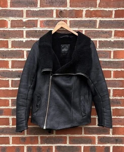 All Saints Mens JUT Sheepskin MEDIUM Black Suede Leather Shearling Bomber Flying - Picture 1 of 13