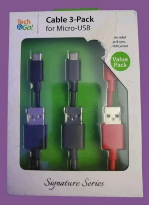 Tech & Go Micro-USB Cable 3-Pack 3ft Blue Grey White - Image 1 of 4