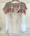 EUC Johnny Was Lissa White Floral Embroidered Blouse Top Tunic L Large