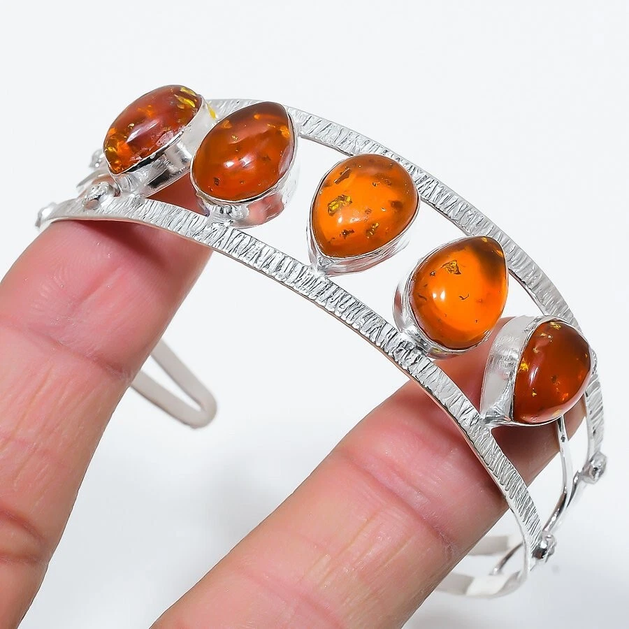 Amber Gemstone 925 Sterling Silver Jewelry Adjustable Cuff Bracelet - Image 1 of 1