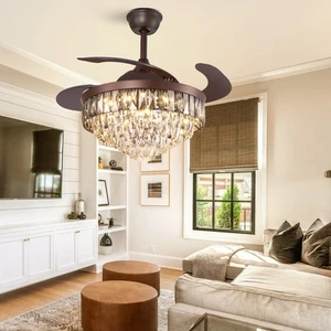 42" LED 3-Color Change Ceiling Fan Light Retractable Blades Crystal Chandelier - Picture 1 of 11