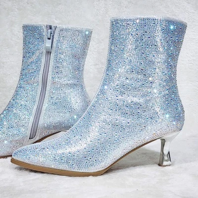 Kitty 2 Botines Plata Brillante Estrás 2.5" Tacones Gatito Foto 1 de 4