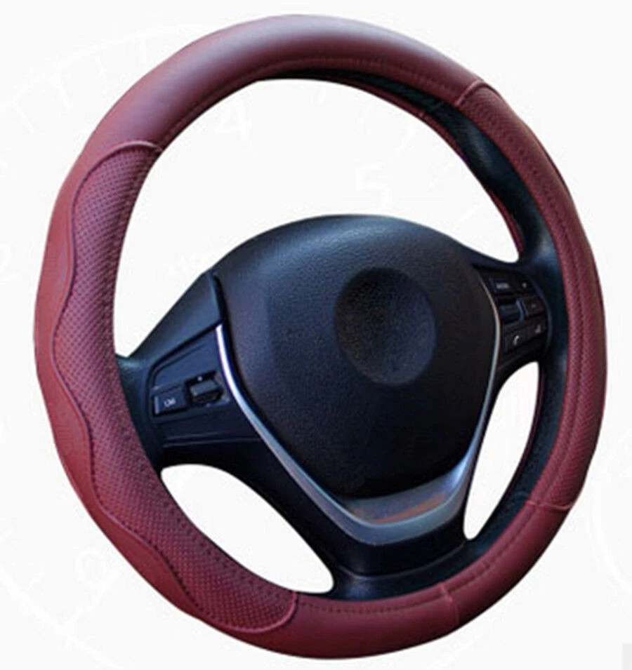Burgundy Dynamic Fiber Leather Embossed Car Steering Wheel Cover 38cm Skid-proof Foto 1 de 4