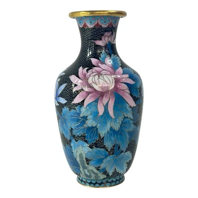 Antique Chinese Brass Cloisonné Vase Black Enamel Pink Lotus Blue Leaves - Image 1 of 4