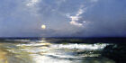 Huge Oil Painting Thomas Moran - Moonlit Seascape With Moon Waves By Beach Art
