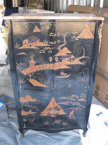 Antique French Louis XV Style Gilt Bronze Mounted Chinoiserie 4-Door Cabinet 57" Cover