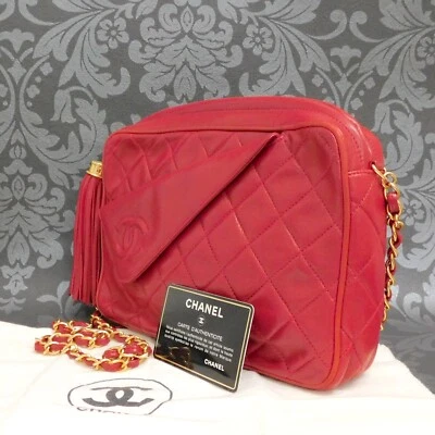 Bolsa para câmera CHANEL Matelasse pele de cordeiro placa dourada corrente ombro vermelho #2729 Rise-on - Imagem 1 de 4
