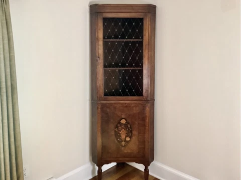 Antique Marquetry Inlaid Walnut Canted Corner Cabinet Cover