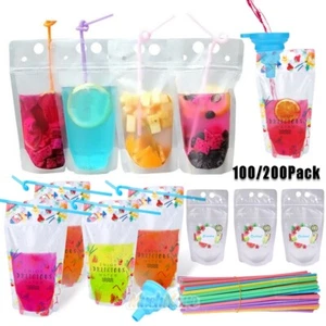 200x 17oz Reclosable Zipper Drink Pouches Bags Hot & Cold w/ Straws & Funnel Kit - Picture 1 of 32