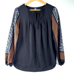 Alfani Top Shirt Women's Size 8 Black Brown Multi Print Keyhole Neck Long Sleeve - Picture 1 of 6