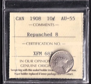 Canada 1908 10 Cent Ten Cent Coin ICCS Certified AU-55 Repunched 8 Rare - Foto 1 di 2