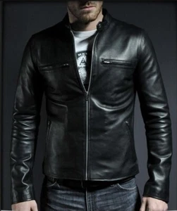 Leather Jacket Biker Genuine Lambskin Men's Motorcycle Black Slim Fit New - Picture 1 of 3