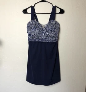 Costume da bagno Lands End Tankini top donna 8D lungo canotta blu navy bianco floreale - Foto 1 di 7